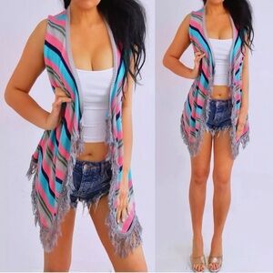 Say What Pink Teal Blue Gray Striped Fringe Sleeveless Cardigan Top M Medium